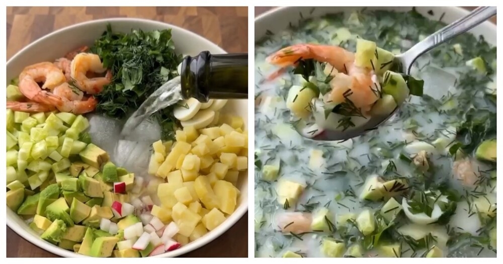 
        Окрошка с креветками, вином и айраном    