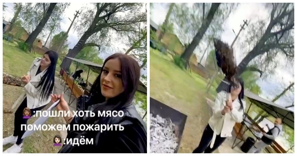 
        Попытка девушки помочь с жаркой мяса на решётке    