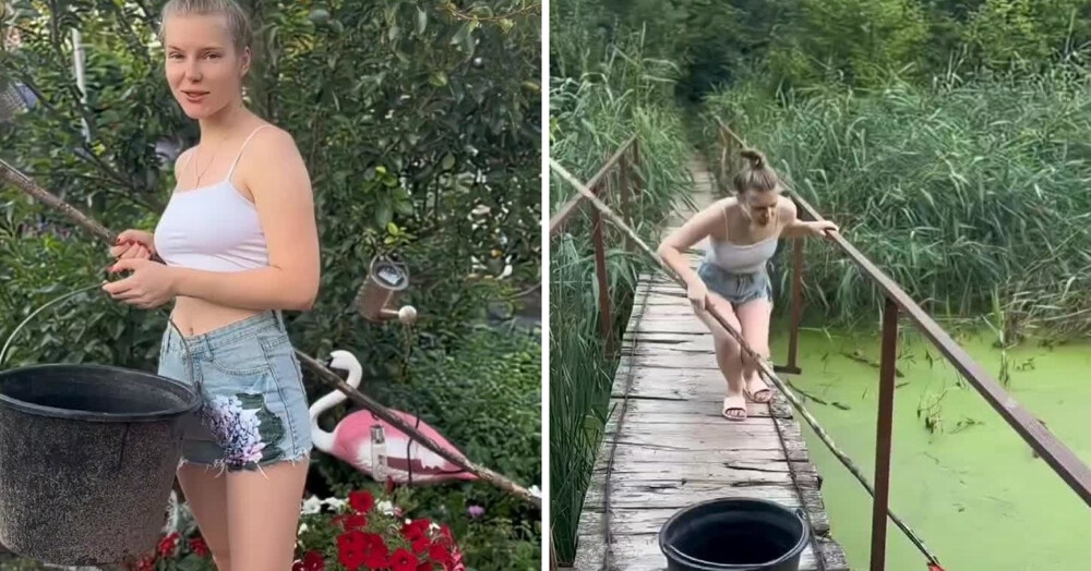 
        Девушка отправилась на речку, чтобы собрать ряску для домашней птицы    