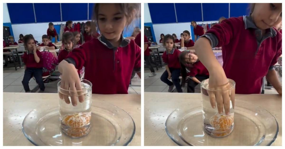 
        Дети пытаются достать мандарин из&nbsp;стакана с&nbsp;водой    