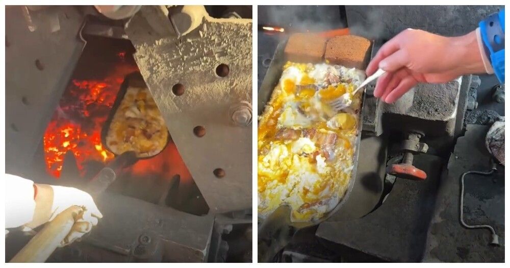 
        На&nbsp;рельсах и&nbsp;сытно: как&nbsp;жарят яйца с&nbsp;салом прямо в&nbsp;топке паровоза    