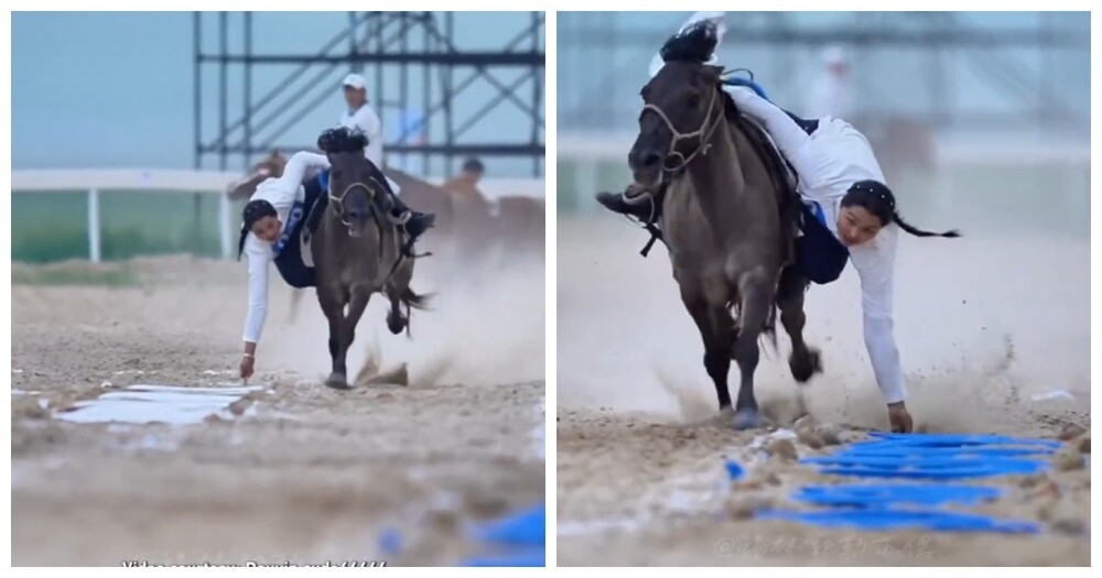 Подъём хадака на скаку — зрелищный элемент монгольской джигитовки
Подъём хадака на скаку — зрелищный элемент монгольской джигитовки