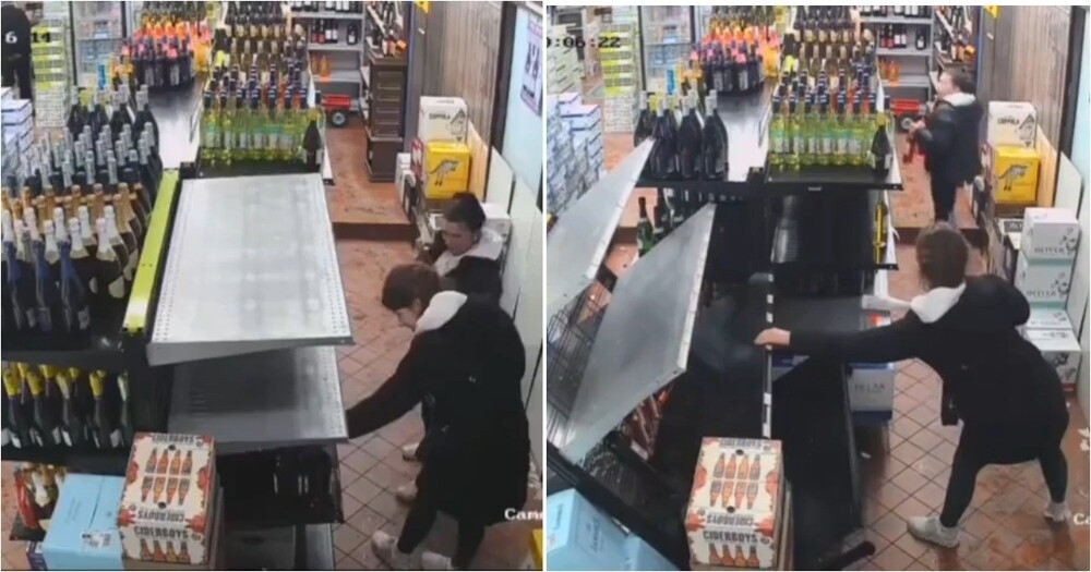 
        Полка с&nbsp;дорогим вином рухнула после того, как&nbsp;девушки взяли бутылку    