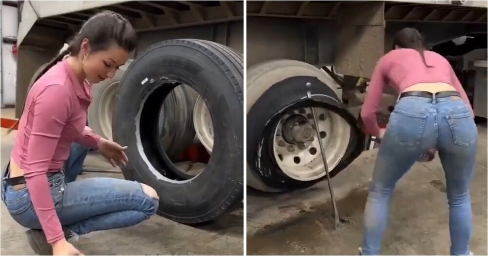 
        Девушка самостоятельно заменила покрышку грузовика    