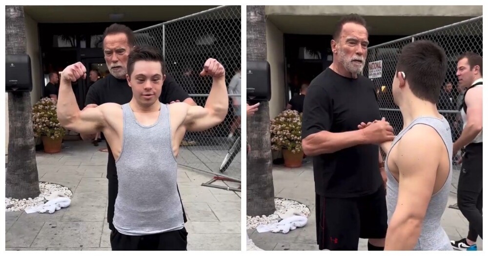 Арнольд Шварценеггер и парень с синдромом Дауна
Арнольд Шварценеггер и парень с синдромом Дауна