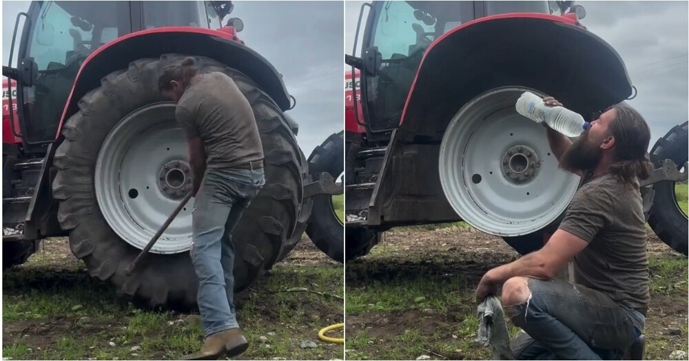 
        Мужчина в&nbsp;одиночку поменял колесо на&nbsp;тракторе    