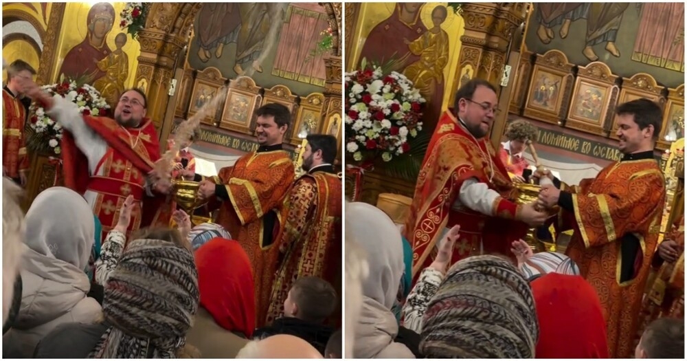 
        Священник окатил людей святой водой прямо из&nbsp;чаши    