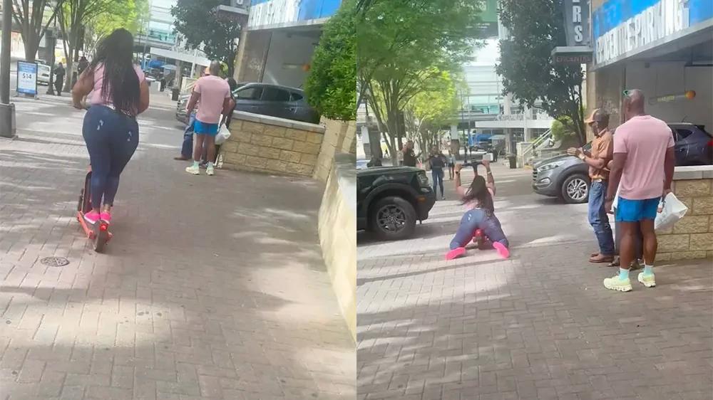 
        Девушка потеряла равновесие на&nbsp;электросамокате, увидев машину    